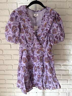 RAHI Purple Paisley Ruffle Mini Dress NWT Small 100% Cotton Boho Puff Sleeve
